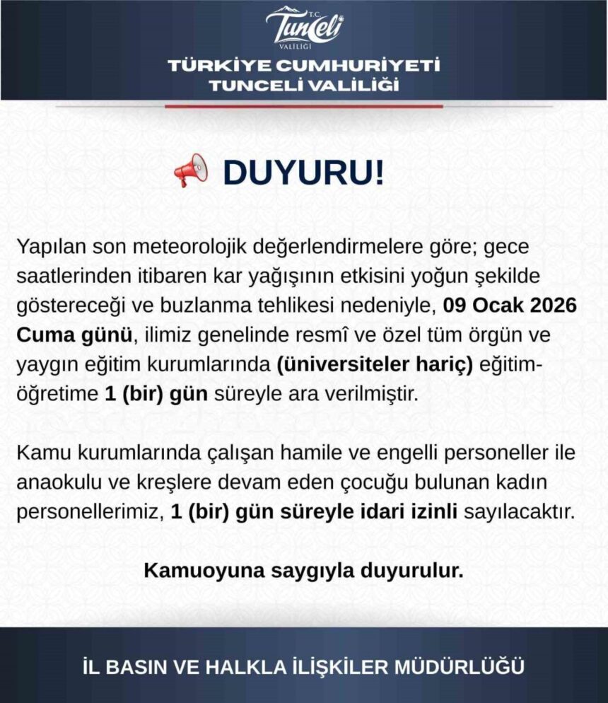 Tunceli’de kar ve buzlanma nedeniyle eğitime 1 gün süreyle ara verildi. Tunceli’de kar ve buzlanma nedeniyle eğitime 1 gün süreyle ara verildi.