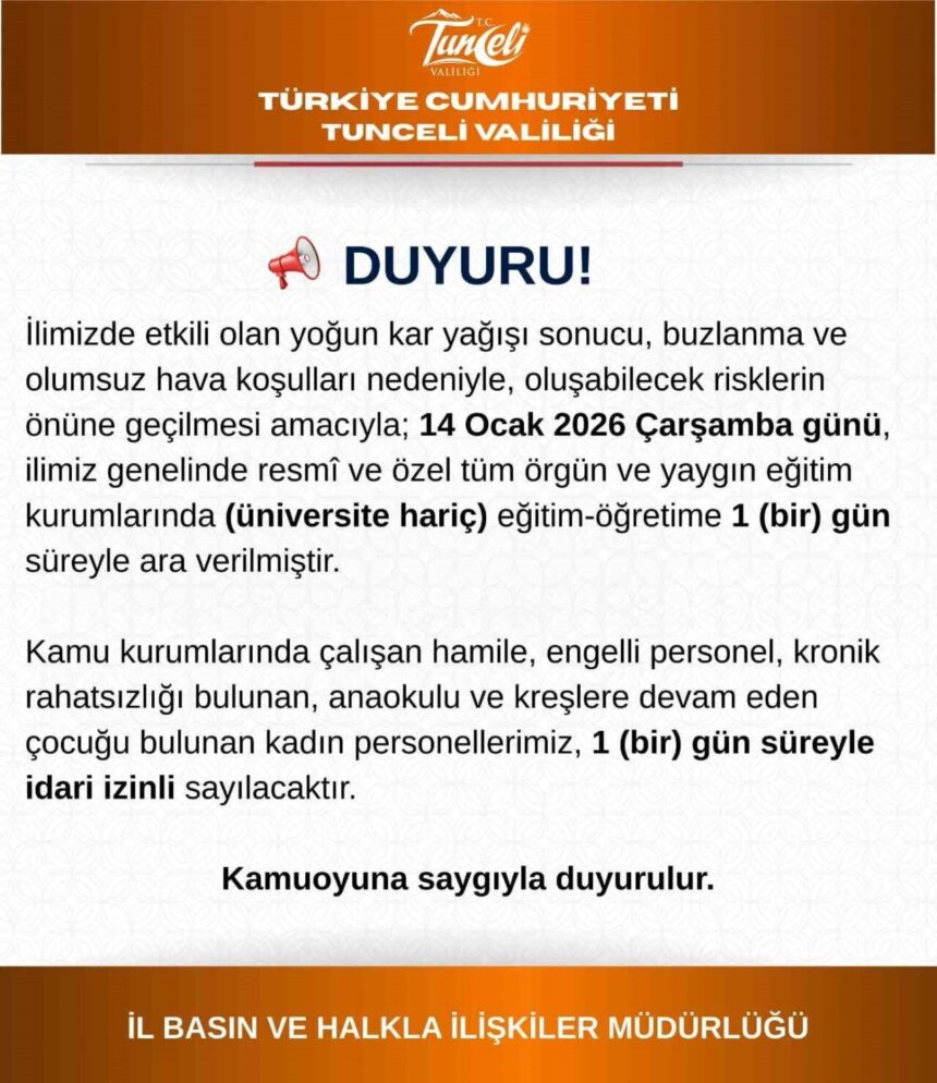 Tunceli’de kar yağışı ve buzlanma nedeniyle eğitim 1 gün süreyle durduruldu. Tunceli’de kar yağışı ve buzlanma nedeniyle eğitim 1 gün süreyle durduruldu.