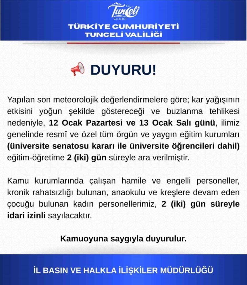 Tunceli’de yoğun kar ve buzlanma nedeniyle eğitime 2 gün ara verildi. Tunceli’de yoğun kar ve buzlanma nedeniyle eğitime 2 gün ara verildi.