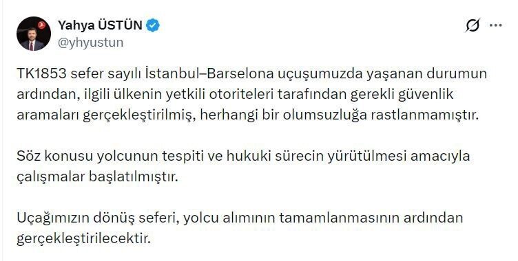 Türk Hava Yolları’ndan bomba tehdidi ile ilgili açıklama: Güvenlik prosedürleri uygulanmıştır. Türk Hava Yolları’ndan bomba tehdidi ile ilgili açıklama: Güvenlik prosedürleri uygulanmıştır.